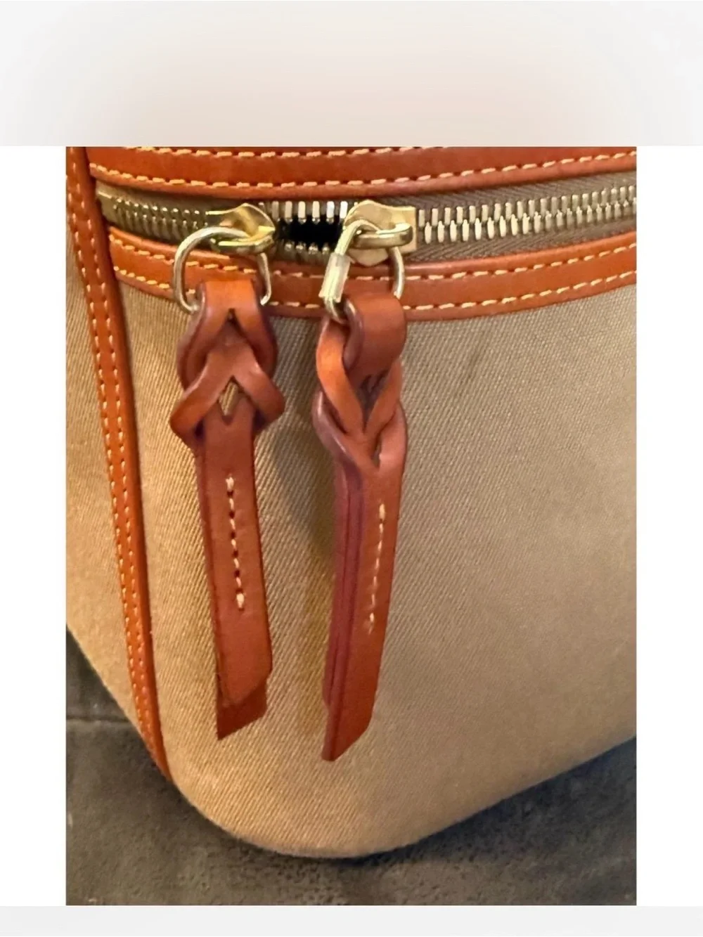Dooney & Bourke Tan Canvas Travel Train Cosmetic Case with Brown Leather Trim